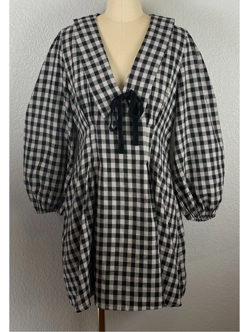One Loved Babe Gingham Oversized V-Neck Peter Pan Collar Babydoll Mini Dress